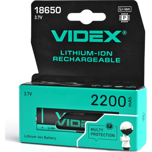 Аккумулятор 18650 2200mAh Li-Ion, protect, color box/1шт Videx (18650-P/2200/1CB) – Videx (вид 1)