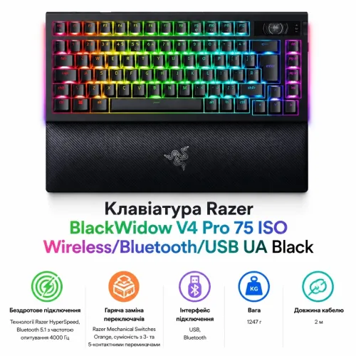 Клавіатура Razer BlackWidow V4 Pro 75 ISO Wireless/Bluetooth/USB UA Black (RZ03-05130300-R3E1) – Razer