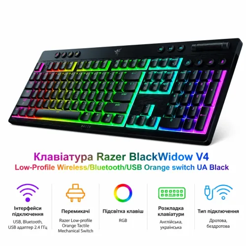 Клавіатура Razer BlackWidow V4 Low-Profile Wireless/Bluetooth/USB Orange switch UA Black (RZ03-05270800-R3M1) – Razer