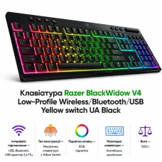Клавіатура Razer BlackWidow V4 Low-Profile Wireless/Bluetooth/USB Yellow switch UA Black (RZ03-05271500-R3M1)