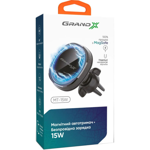 Универсальный автодержатель Grand-X MT-15W MagSafe с зарядкой 15W (крепление на дефлектор) (MT-15W) – Grand-X (вид 3)