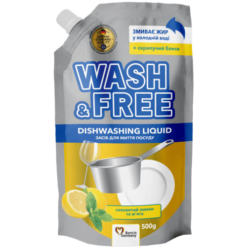 Засіб для ручного миття посуду Wash&Free Соковитий лимон та м'ята Дой-пак 500 г (4823128001317) – Wash&Free