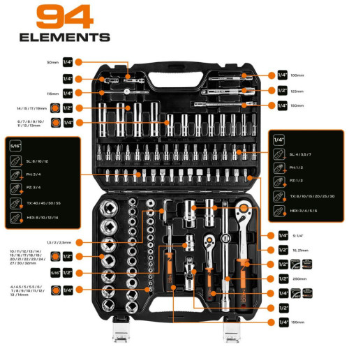 Набір інструментів Neo Tools 94шт, 1/2", 1/4", CrV, кейс (10-062) – Neo Tools (вид 1)