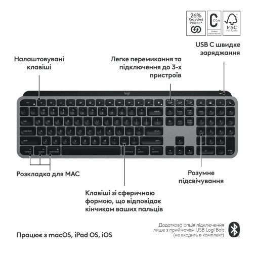 Клавиатура Logitech MX Keys S для MAC Bluetooth/Wireless UA Space Grey (920-011637) – Logitech (вид 2)