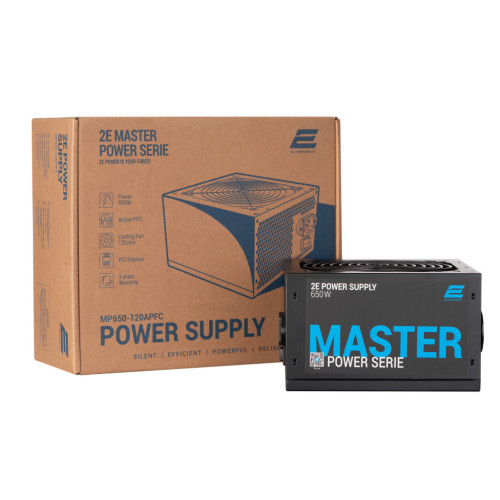 Блок живлення 2E MASTER POWER (650W), >80, 80+ White, 120mm, 1xMB 24pin(20+4), 1xCPU 8pin(4+4), 3xMolex, 5xSATA, (2E-MP650-120APFC) – 2E