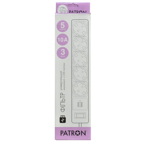 Мережевий фільтр живлення Patron 3m (SP-53) + 2 USB 2.0, 2.1A , 5 роз. BLACK (EXT-PN-SP-53-USB) – PATRON (вид 1)