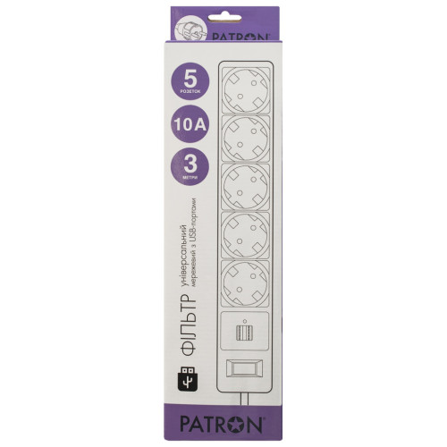 Мережевий фільтр живлення Patron 3m + 2 USB 2.0, 2.1A, 5 роз. White (EXT-PN-SP-53-USB-W) – PATRON (вид 1)
