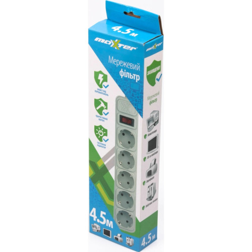 Сетевой фильтр питания Maxxter SPM5-G-15G grey, 4.5 м кабель, 5 розеток (SPM5-G-15G) – Maxxter (вид 2)