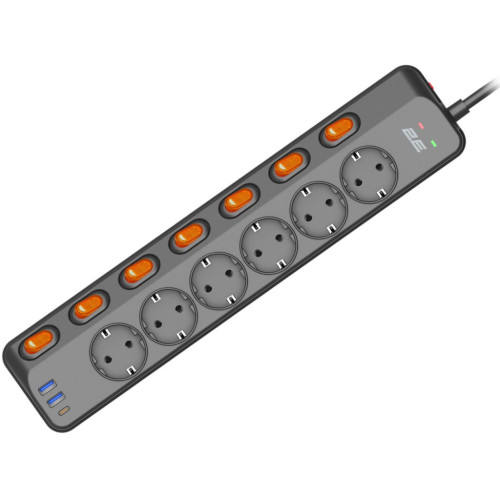 Мережевий фільтр живлення 2E 2E-SP6M3SWBK 3m (2E-SP6M3SWBK) – 2E