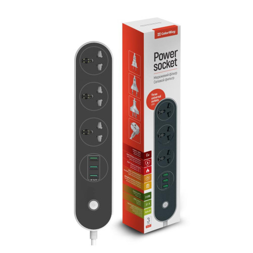 Мережевий фільтр живлення ColorWay CW-CHU33B, 3 розетки/3USB Black 1.8M (CW-CHU33B) – ColorWay