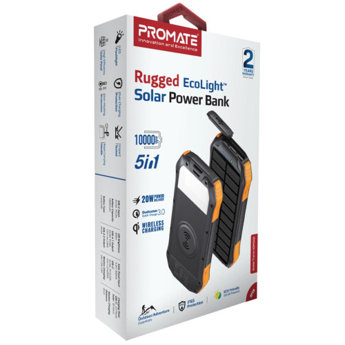 Батарея універсальна Promate 10000mAh PD/20W, QC/3/0, Solar, QI, IP65 (solartank-10pdqi.black) – Promate (вид 1)