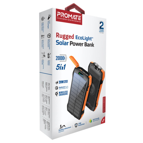 Батарея універсальна Promate 20000mAh PD/20W, QC/3/0, Solar, QI, IP65 (solartank-20pdqi.black) – Promate (вид 1)