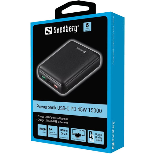 Батарея универсальная Sandberg 15000mAh, PD/45W(20V/2.25A), QC3.0, USB-C, Micro-USB, USB-A*2 (420-66) – Sandberg (вид 1)