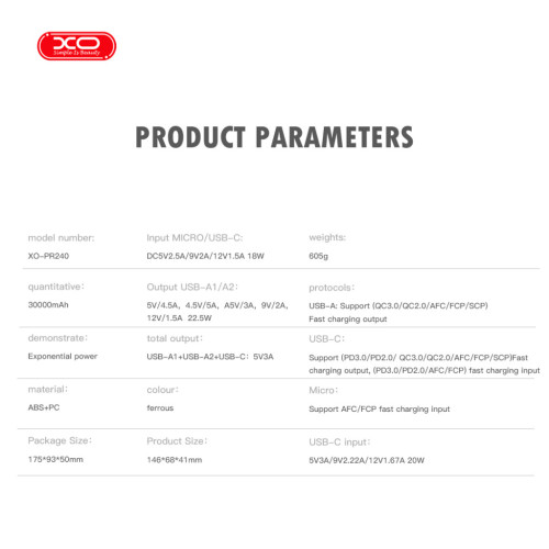 Батарея універсальна XO 30000mAh, PD/20W, QC/22.5W, with light, black (PR240_Black) – XO (вид 2)