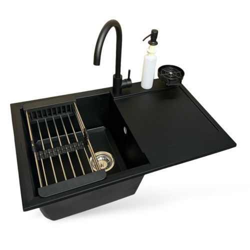 Мойка кухонная Adamant Horizon антрацит + змішувач + дозатор + ополіскувач склянок + кола (4824296106315) – Adamant