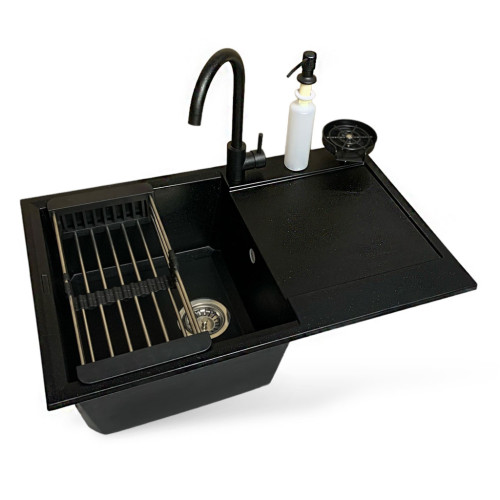 Мойка кухонная Adamant Horizon чорний + змішувач + дозатор + ополіскувач склянок + коланд (4824296106303) – Adamant