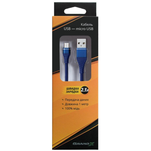 Дата кабель USB 2.0 AM to Micro 5P 1.2m 2A Blue Grand-X (NM012BL) – Grand-X (вид 1)