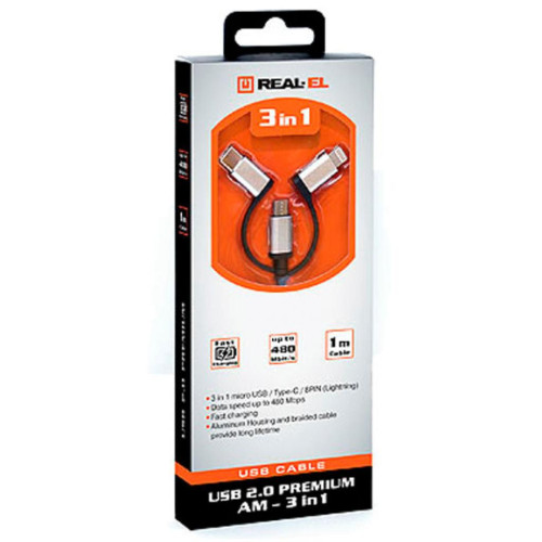Дата кабель USB 2.0 AM to 3in1 1.0m Premium black REAL-EL (EL123500035) – REAL-EL (вид 2)