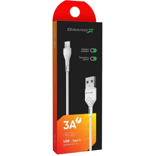 Дата кабель USB 2.0 AM to Type-C 1.0m White Grand-X (PC-03W) – Grand-X (вид 2)