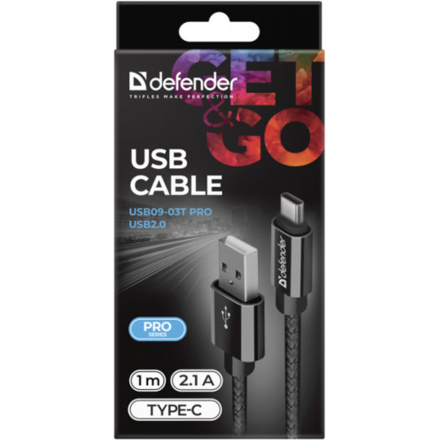 Дата кабель USB 2.0 AM to Type-C 1.0m USB09-03T PRO Black Defender (87814) – Defender (вид 2)