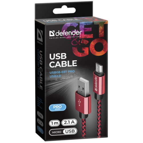Дата кабель USB 2.0 AM to Micro 5P 1.0m USB08-03T red Defender (87801) – Defender (вид 2)