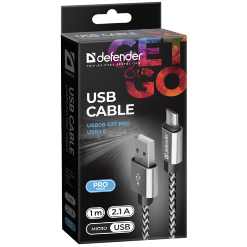 Дата кабель USB 2.0 AM to Micro 5P 1.0m USB08-03T PRO white Defender (87803) – Defender (вид 2)