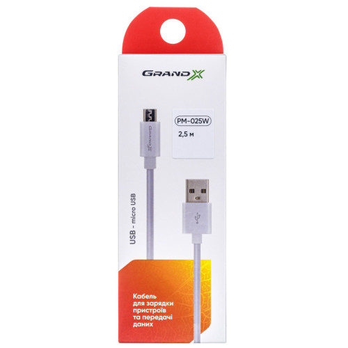 Дата кабель USB 2.0 AM to Micro 5P 2.5m white Grand-X (PM025W) – Grand-X (вид 2)