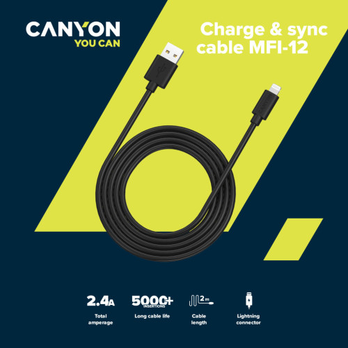 Дата кабель USB 2.0 AM to Lightning 1.0m MFI black Canyon (CNS-MFIC12B) – CANYON (вид 2)