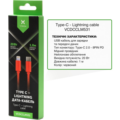 Дата кабель USB-C to Lightning 1.0m 20W Nylon Red Vinga (VCDCCLM531) – Vinga (вид 1)