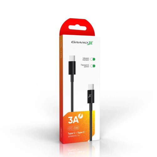 Дата кабель USB-C to USB-C 1.0m 20W CC-03B Black Grand-X (CC-03B) – Grand-X (вид 2)