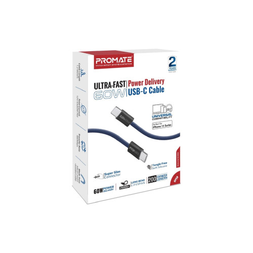 Дата кабель USB-C to USB-C ecoline-cc200.navy Promate (ecoline-cc200.navy) – Promate (вид 1)