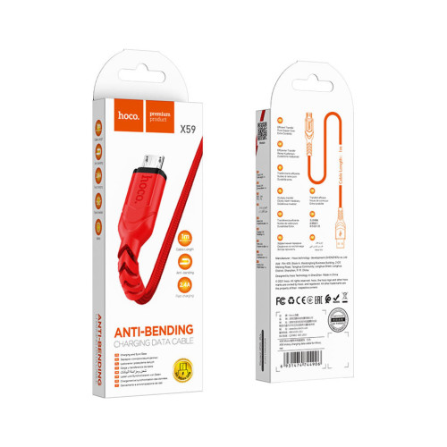 Дата кабель USB 2.0 AM to Micro 5P 1.0m 2.4A nylon X59 red HOCO (6931474744906) – HOCO (вид 2)