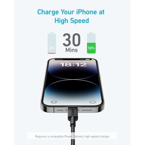 Дата кабель USB-C to Lightning 1.8m nylon 322 black Anker (A81B6G11) – Anker (вид 1)