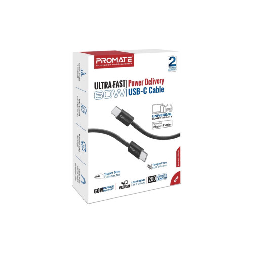 Дата кабель USB-C to USB-C 2.0m 60W PD EcoLine-CC200 black Promate (ecoline-cc200.black) – Promate (вид 1)