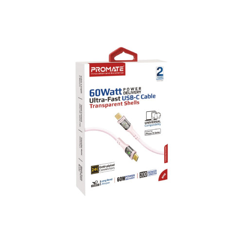 Дата кабель USB-C to USB-C 1.2m 60W PD TransLine-CC pink Promate (transline-cc.pink) – Promate (вид 1)