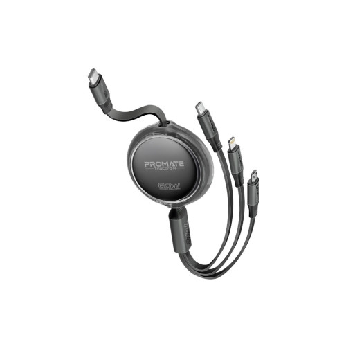 Дата кабель USB-C to Lightning 1.1m 27W + USB-C 60W + Micro USB TrioCord-R black Promate (triocord-r.black) – Promate