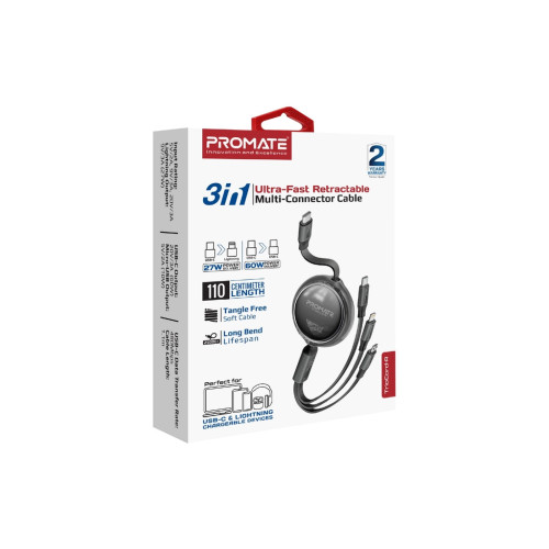 Дата кабель USB-C to Lightning 1.1m 27W + USB-C 60W + Micro USB TrioCord-R black Promate (triocord-r.black) – Promate (вид 1)