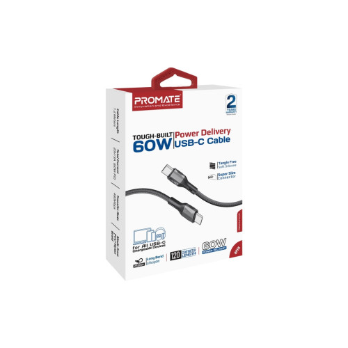 Дата кабель USB-C to USB-C 1.2m 60W PD FletchLink-CC black Promate (fletchlink-cc.black) – Promate (вид 1)