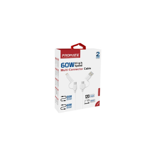 Дата кабель USB-C + USB 2.0 AM to USB-C + Lightning 1.2m 60W quadcord-pd60 white Promate (quadcord-pd60.white) – Promate (вид 1)
