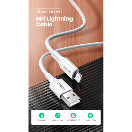 Дата кабель USB 2.0 AM to Lightning 2.0m US155 2.4A, Nickel Plating ABS Shell White Ugreen (20730) – UGREEN (вид 1)