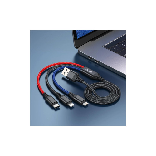Дата кабель USB 2.0 AM to Lightning + Micro 5P + USB-C 1.0m 2A nylon black+red+blue HOCO (6931474768636) – HOCO (вид 2)