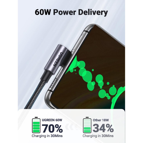 Дата кабель USB-C to USB-C 0.5m 3A 60W 90° corner US255 black/gray Ugreen (50122) – UGREEN (вид 1)