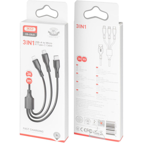 Дата кабель USB 2.0 AM to Lightning + Micro 5P + USB-C 3A black XO (CB-23U3-BK) – XO (вид 2)