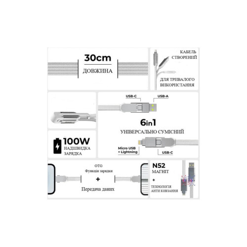 Дата кабель 6in1 inCharge XL 0.3m white Rolling Square (XLS02R) – Rolling Square (вид 1)