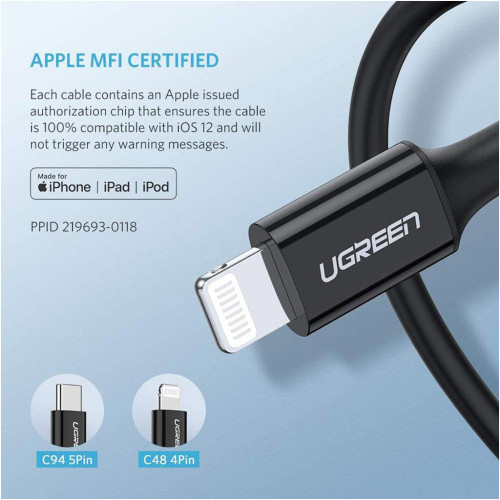 Дата кабель USB-C to Lightning 1.0m US1713A Nickel Plating ABS Shell Black Ugreen (60751) – UGREEN (вид 2)