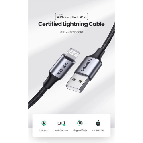 Дата кабель USB 2.0 AM to Lightning 2.0m US199 2.4A Black Ugreen (60158) – UGREEN (вид 2)
