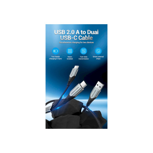 Дата кабель USB 2.0 AM to 2хUSB-C M 1.0m 2.4А 480Mbps Aluminum VENTION (CQOHF) – Vention (вид 2)