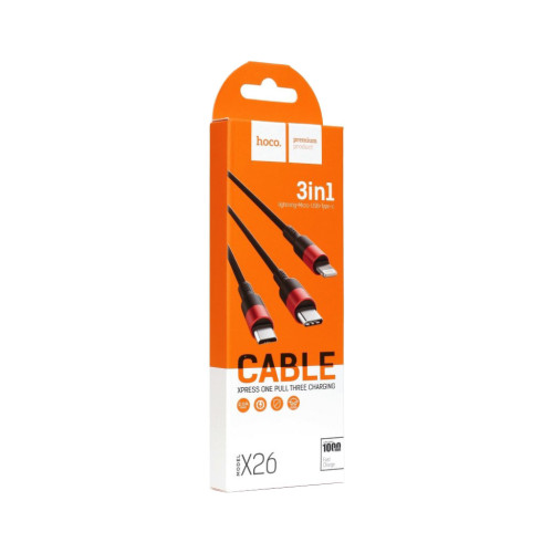 Дата кабель USB 2.0 AM to Lightning + Micro 5P + USB-C 1.0m Xpress one X26 black+red HOCO (6957531080282) – HOCO (вид 2)
