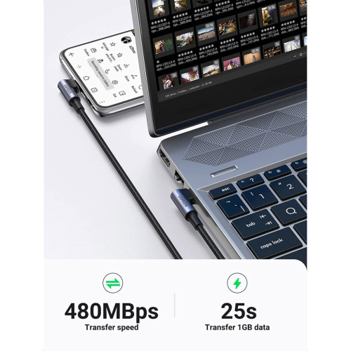Дата кабель USB-C to USB-C 1.0m 100W (20V/5A) 90° corner braided black Ugreen (70696) – UGREEN (вид 1)