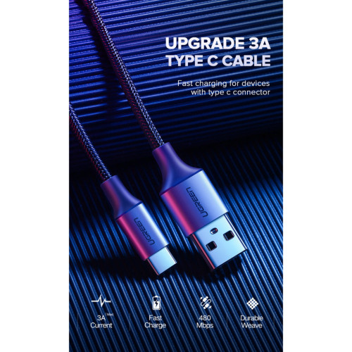 Дата кабель USB 2.0 AM to USB-C 0.25m 3A aluminum braid nickel plating black Ugreen (60124) – UGREEN (вид 2)